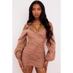 NWT House of CB Mocha Brown Indra Off Shoulder Ruched Dress Size Large